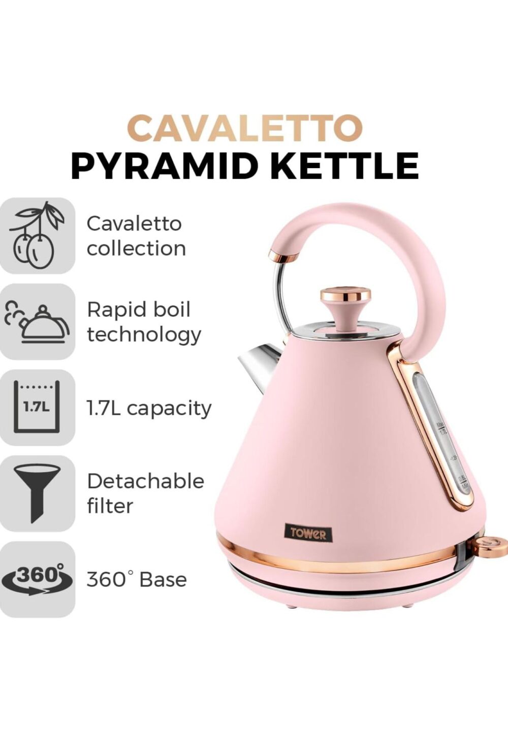 Tower T10044PNK Cavaletto Pyramid Kettle with Fast Boil - Image 2