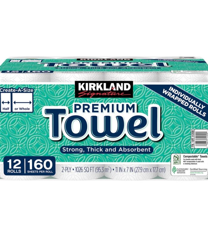 Kirkland Signature Paper Towels, 2-Ply, 160 Sheets, 12 Individually Wrapped Rolls