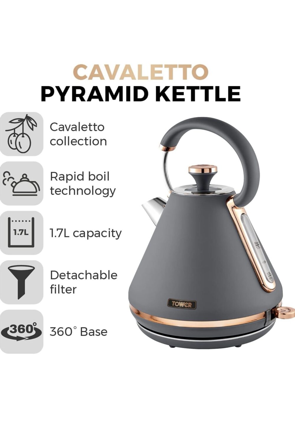 Tower T10044RGG Cavaletto Pyramid Kettle with Fast Boil, Detachable Filter, 1.7 Litre, 3000 W, Grey and Rose Gold - Image 6