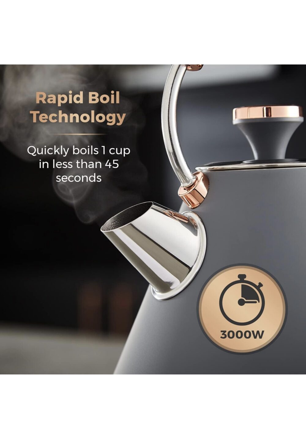 Tower T10044RGG Cavaletto Pyramid Kettle with Fast Boil, Detachable Filter, 1.7 Litre, 3000 W, Grey and Rose Gold - Image 4
