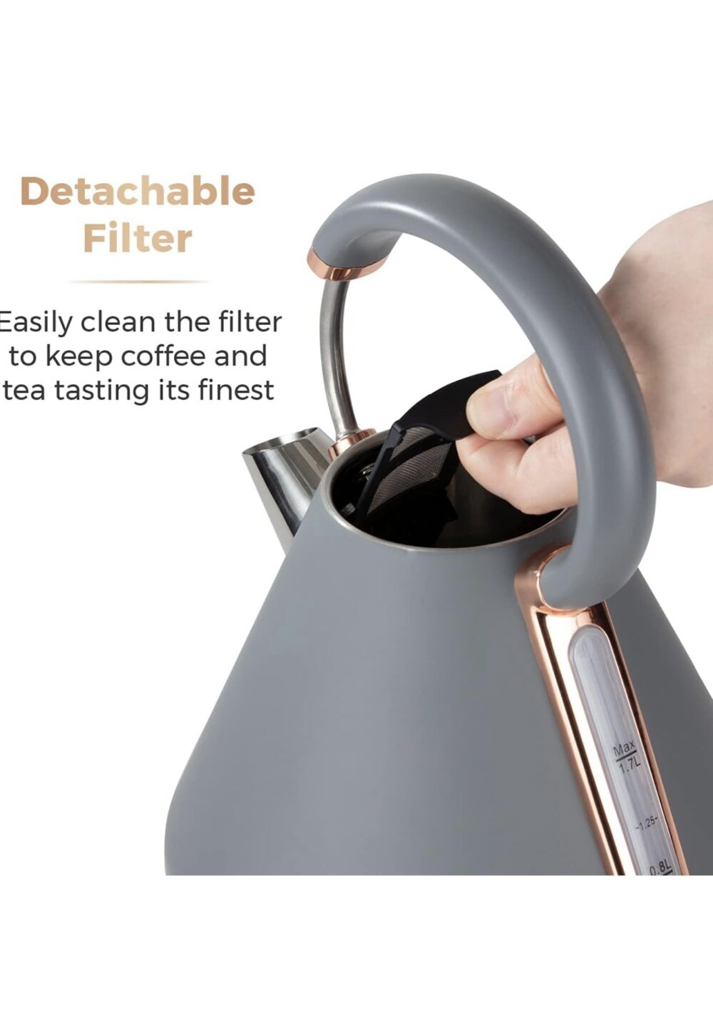 Tower T10044RGG Cavaletto Pyramid Kettle with Fast Boil, Detachable Filter, 1.7 Litre, 3000 W, Grey and Rose Gold - Image 2