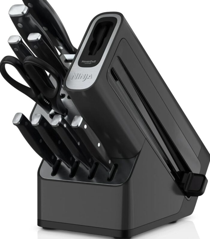 Ninja Foodi Never Dull 10-Piece Essential Knife System, Built-in Sharpener, Stainless Steel Blades, Compact Design, Black