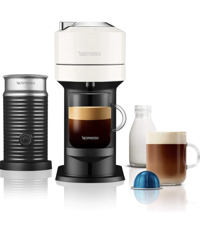 Nespresso Vertuo Next Coffee Machine by De'Longhi with Aeroccino Milk Frother, Starter Capsule Set Included, EN120.WAE, White