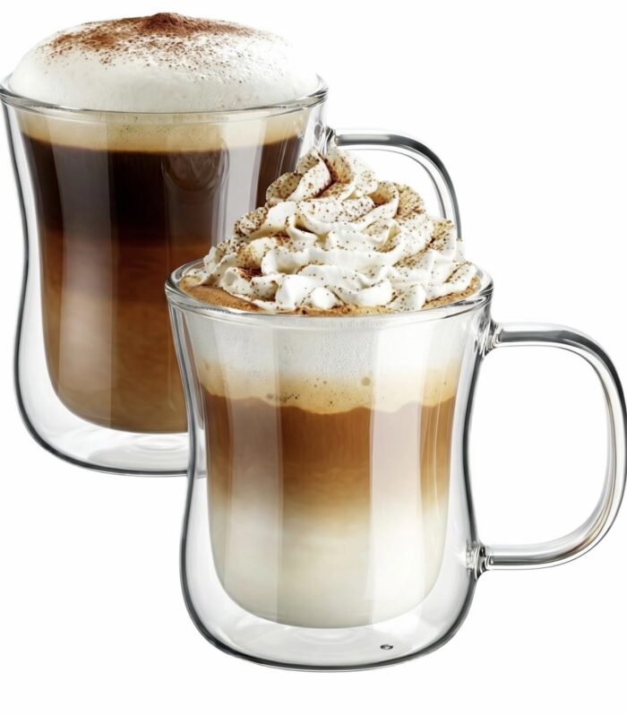 2X350ml Double Walled Coffee Glasses Mugs with Handle. Borosilicate Heat Resistant Glass